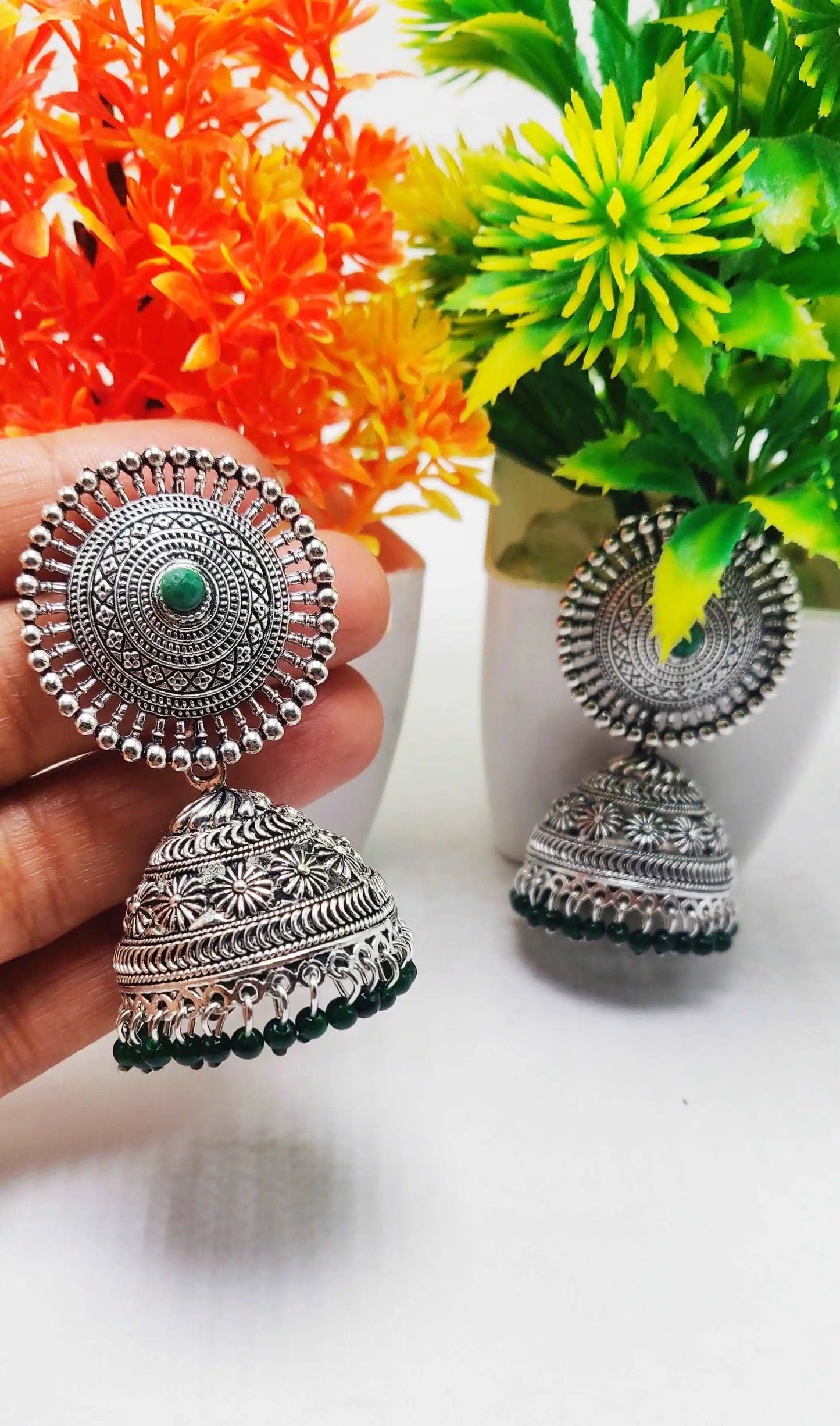 Silver and Green Jhumka design