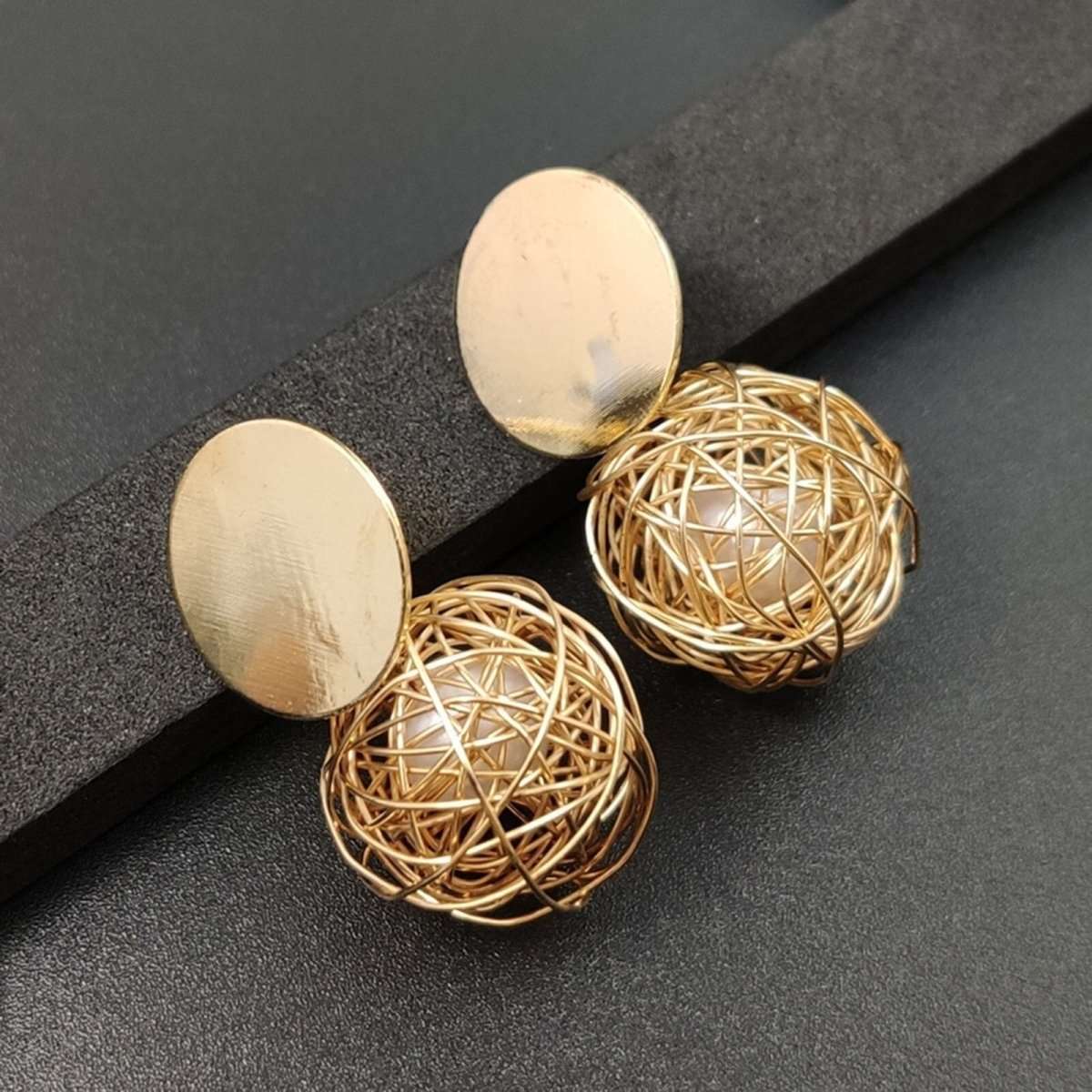 Gold Spiral Pearl Dangler Earrings