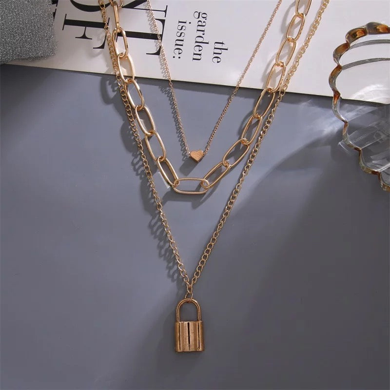 heart lock triple layered necklace