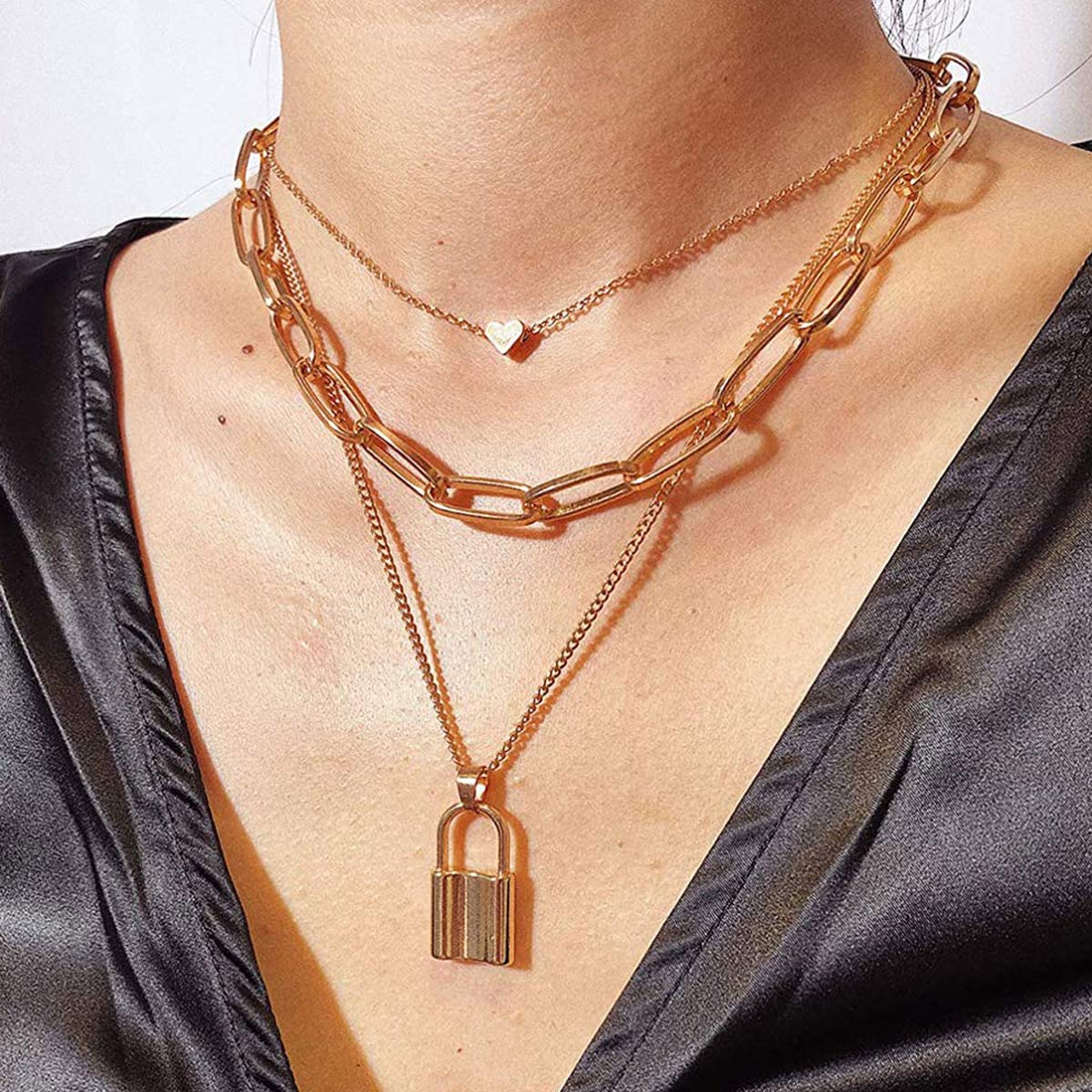 triple layered necklace heart lock